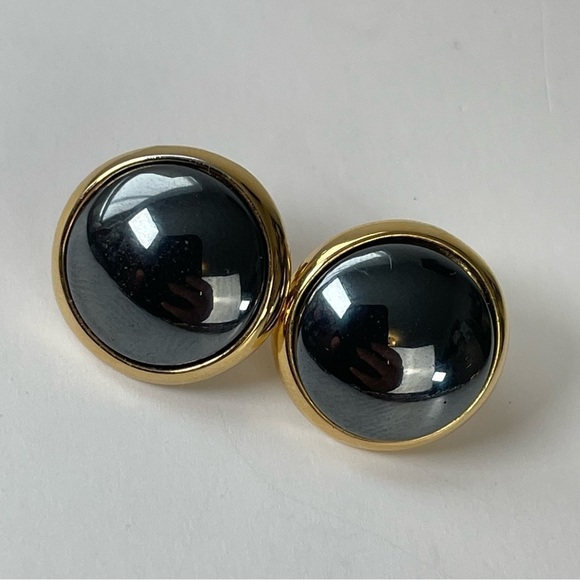 Black Stone Gold Tone Round Earrings - Picture 5 of 6
